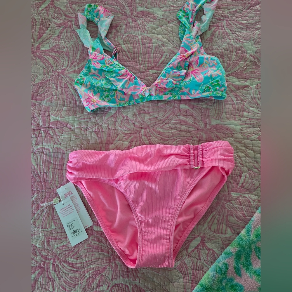 Lilly Pulitzer Bikini Set- Pink Ribbed Bikini Bottoms And Floral Top Set 6